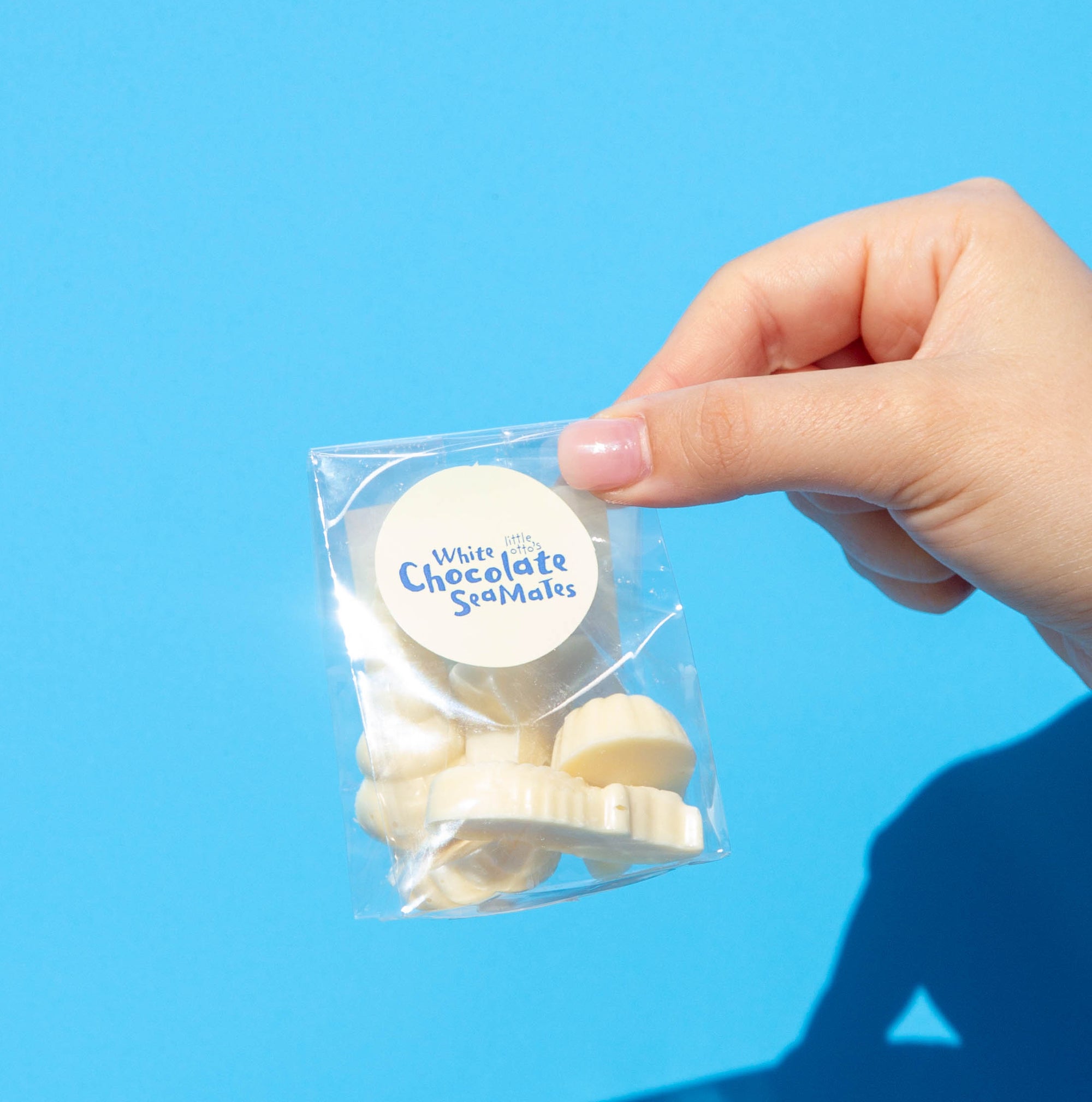 Little Otto's Staff holding White Chocolate Sea Mates infront of Busselton blue wall